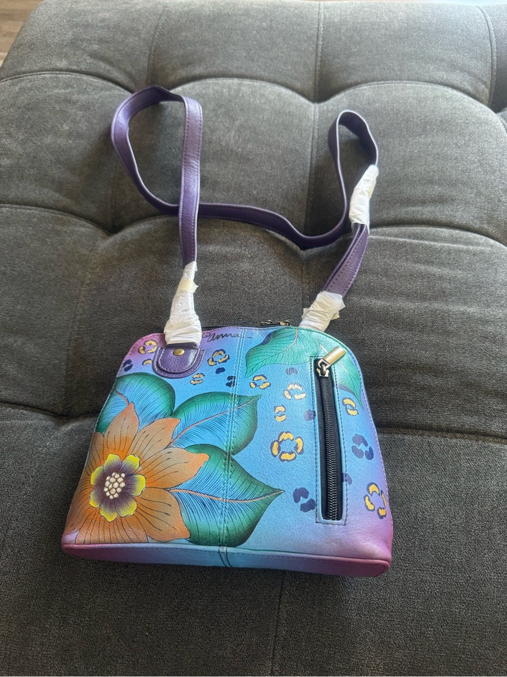Anna by Anuschka hand Painted Floral leather Crossbody Bag in Purple Blue